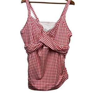 Lands End Red Gingham Tankini Swim Top‎ Women's Size 24W Twist Front Ruched